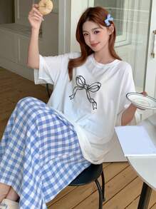 DAZY 2pcs Bow Printed Loose Short Sleeve Plaid Shorts Set, Women Summer Pajamas - White - View 4