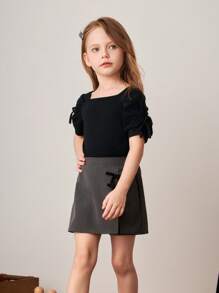 PrepCrw Shorts grigi con fiocco decorativo per giovani ragazze, per primavera/estate