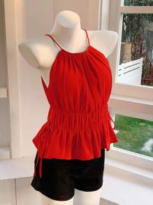 Comfortcana Plus Size Women's Summer Solid Red Backless Camisole With Side Tie, Suitable For Street & Holiday Wear Red Ruched Top Tie Detail Top Red Camisole Red Vacation Top Red Casual TopValentine's Day Red Tank Top - Red - View 3