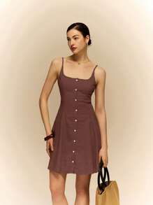 Poéselle 亚麻连衣裙挂脖连衣裙，前中心纽扣装饰，面料舒适透气，休闲度假适合日常通勤度假装女士纯色简约日常吊带裙