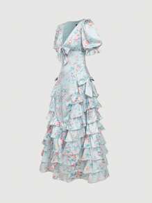 SHEIN MOD 荷叶边下摆修身花朵泡泡袖缎面连衣裙 - 彩色 - 查看 2