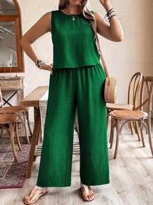 Weeklong Pure 2pcs Plus Size Solid Color Sleeveless Top And Pants Set, Simple And Fashionable For Summer - Dark Green - View 3
