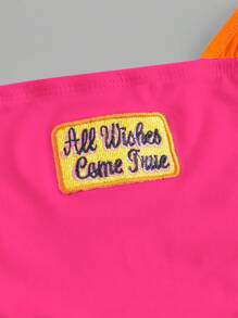 SHEIN ICON Y2k Summer Casual Color-Block Crop Top With Bikercore Letter Embroidery Contrast Binding Halter, Slim Fit,Rave Top - Hot Pink - View 4