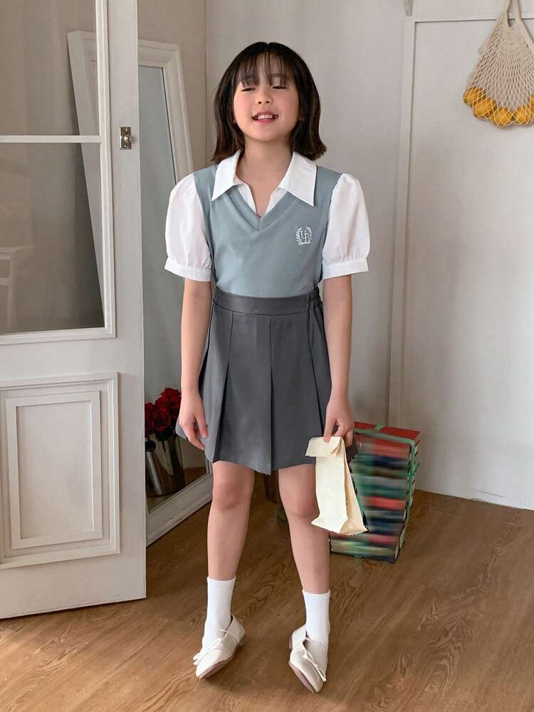 Tween Girl Minimalist Style Short Sleeve Top And Skirt 2 Pieces Set, Suitable For Summer,Back To School Clothes