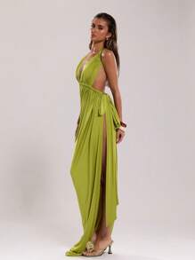 SHEIN BAE 女式夏季简约褶皱开衩露背连衣裙 - 綠色 - 查看 4