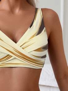 Conjunto de bikini de verano con cuello en V cruzado y bloques de color - Multicolor - Ver 5