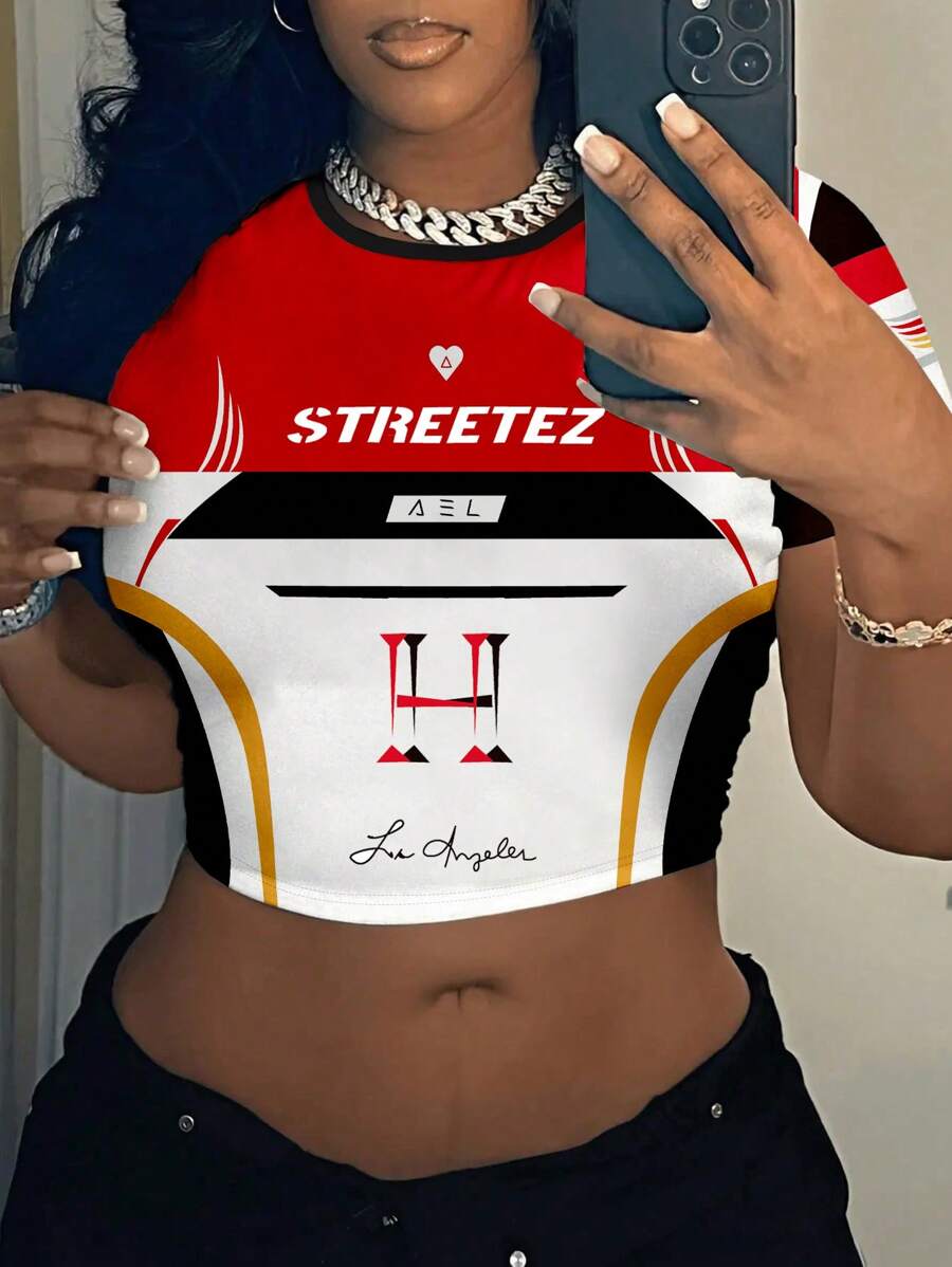 INAWLY 女士字母印花圆领短袖短款修身 T 恤