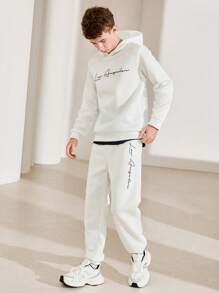 SHEIN Leap Crew 2 件青少年男童休闲百搭保暖手写字母印花针织连帽衫和裤子套装，适合派对、学校、郊游、聚会、秋冬季，保暖内衬，加厚 - 白色 - 查看 3