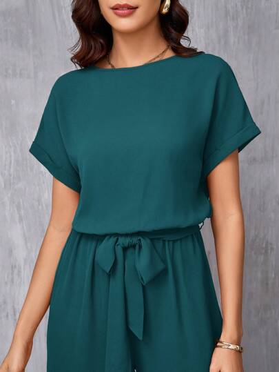 SHEIN Clasi Macacão feminino elegante com decote redondo, cinto e perna larga