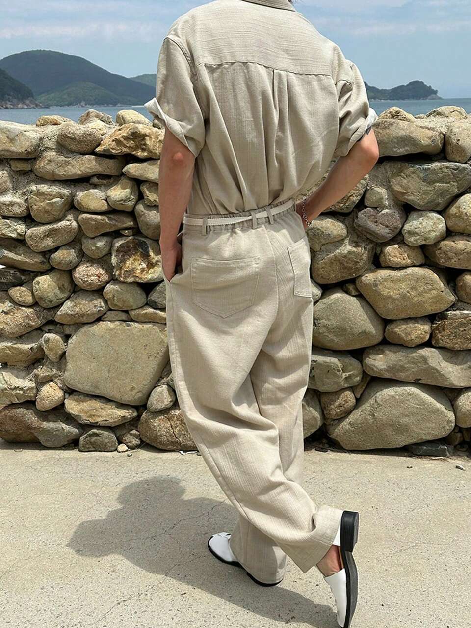 Solid Color Khaki Men's Shirt Suit Set, Summer