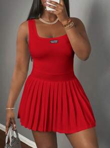 Slaydiva New Spring And Summer Casual Simple Basic U-Neck Racer Vest With Black Label And White Words Pleated Skirt Including Shorts And Culottes White Knitted Fabric Women's Mini Dress-A,Summer Dresses For Women - Red - View 3