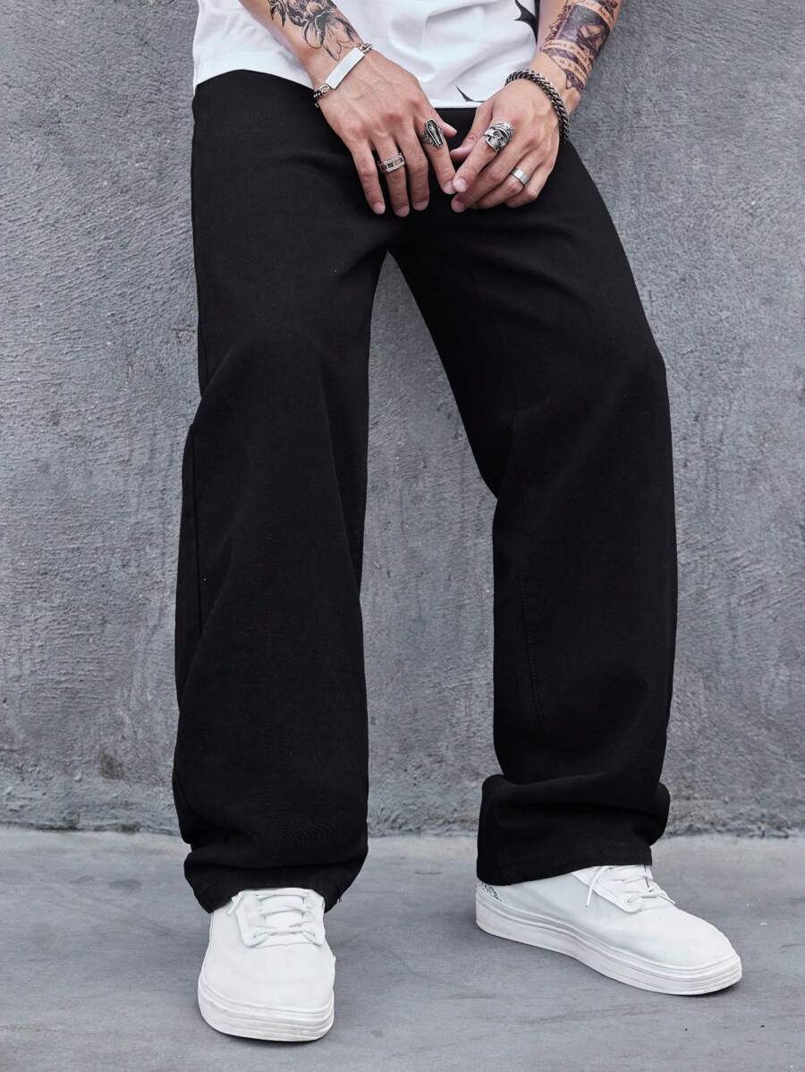 Manfinity Homme 大码男士休闲百搭纯色牛仔裤 - 黑色 - 查看 1
