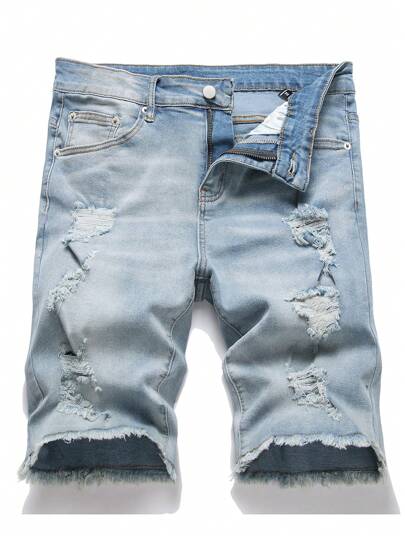 Manfinity Hypemode Plus Size Men's Casual Pockets Distressed Denim Shorts, Versatile Going Out Urban Hang Out Vacation Street, Emo Style