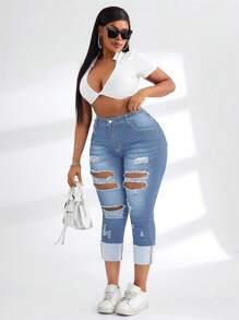 SHEIN SXY Damen Stretchjeans in Blau mit Destroyed-Optik in Große Größen - Helle Waschung - Übersicht 6