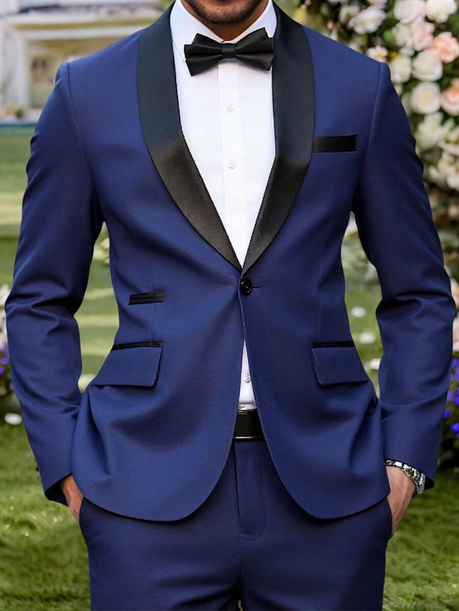 Manfinity Mode Men's Shawl Collar Long Sleeve Jacket And Pants Suit Set - Navy Blue - View 1