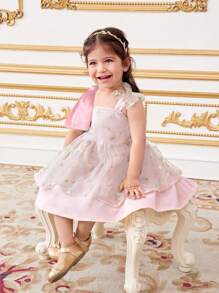 SHEIN Vestido de fiesta elegante y lindo para niña bebé con bordado floral de satén y decoración de tul con lazo - Multicolor - Ver 4