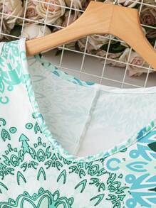 Plus Size Sleeveless Allover Print Casual Vacation Midi Dress - Mint Green - View 3