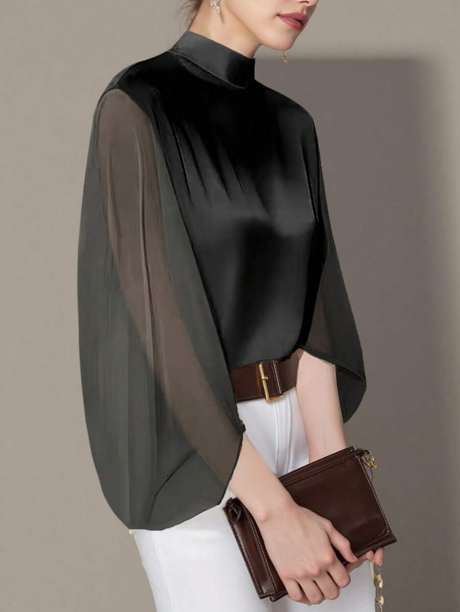 Uhlyne Fall Women Clothes Women's Elegant Minimalist Lantern Sleeve Fashion Blouse - Black - View 1