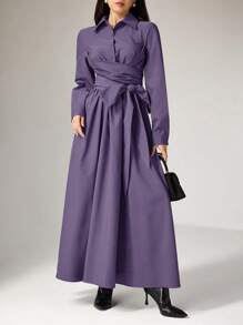 Women's Solid Front Button Long Sleeve Simple Casual Long Arabic Style Dress, Modest - Purple - View 4