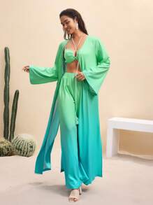 BY FELIZIA Blue Green Gradient Summer Printed Flared Long Sleeve High Slit Kimono Beachwear Maxi Kimono Vacation Swimsuit With Cover Up Bathing Suit With Cover Up Bathing Suits Cover Up Beach For Woman Swim Suits With Cover Up - Multicolor - View 1