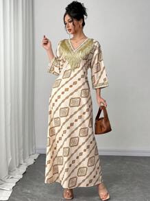 Chiquease 女式镶边印花休闲流苏装饰连衣裙 - 杏色 - 查看 4