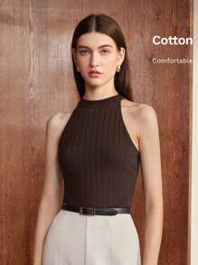 BizChic 女士秋季针织上衣，圆领，荷叶边领口设计，竖条纹罗纹图案，浪漫优雅，百搭，适合商务休闲、办公穿着、宾客着装等场合。 - 棕色 - 查看 7