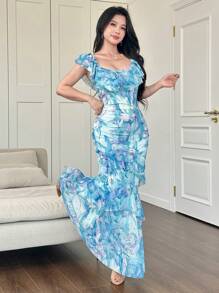 Modelyn Vestido de verano para mujer con volantes y teñido anudado