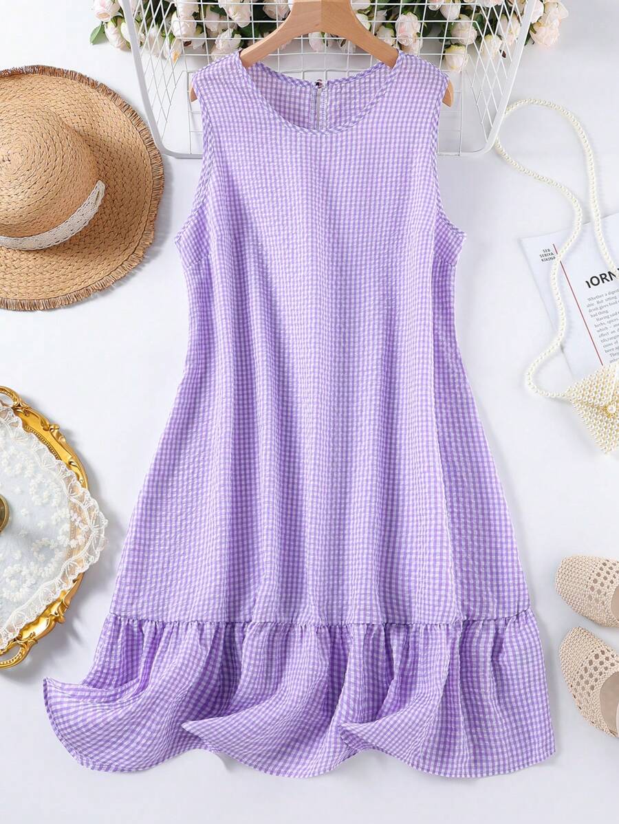 SHEIN LUNE Vestido casual de cuello redondo sin mangas a cuadros talla grande, elegante para el verano - Púrpura malva - Ver 1