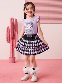 HELLO KITTY AND FRIENDS | SHEIN 少女卡通印花紫色盖袖可爱甜美盖袖T恤和黑紫色格子校裙两件套