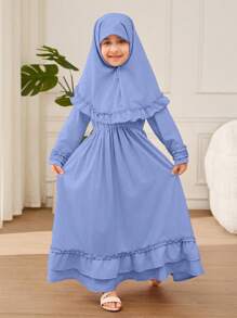 Young Girl A-Line Ruffle Trim & Headscarf Long Dress - Blue - View 3