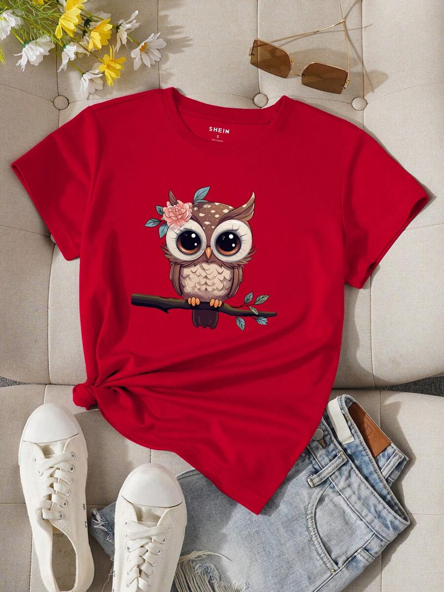 INAWLY 女士卡通猫头鹰印花 T 恤 图案 T 恤 女士上衣