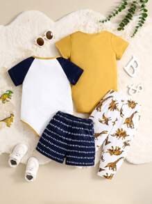 4pcs/Set Baby Boy Casual Dinosaur Print Contrast Color Bodysuit, Patterned Shorts, And Dinosaur Print Pants Set, Suitable For Everyday Wear, Spring & Summer
