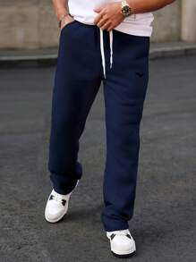 Manfinity Homme Men's Eagle Print Drawstring Waist Loose Casual Sweatpants,  Sweatpants For Men - Navy Blue - View 4