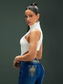 Denimoi 毛绒针织 V 型下摆上衣，时尚，适合夏季