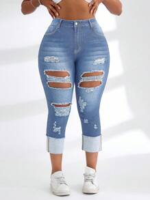 SHEIN SXY Damen Stretchjeans in Blau mit Destroyed-Optik in Große Größen - Helle Waschung - Übersicht 4