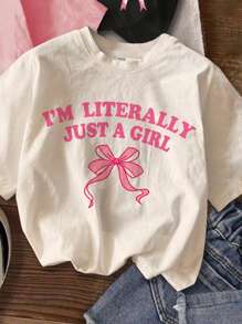 SHEIN 3pcs Set Young Girl Casual Bow & Cherry Print Round Neck Short Sleeve T-Shirts, Suitable For Spring/Summer - Multicolor - View 5