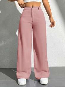 SHEIN PETITE Women's Casual Solid Color Straight Leg Pants - Dusty Pink - View 5