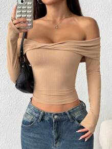 SHEIN EZwear Women Casual Solid Color Twisted Off Shoulder Crop Top - Mocha Brown - View 6