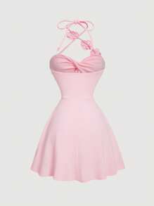 SHEIN MOD Váy chữ A thắt nút thắt hoa cho nữ, màu hồng - Màu Hồng baby - Xem 2