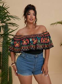 Flirla Plus Size Women Off Shoulder Ruched Floral Print Blouse, Elegant And Charming For Vacation, Gathering, Spring/Summer - Multicolor - View 3