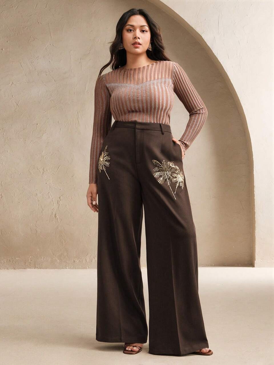 Women's Elegant Chocolate Brown Summer Formal Pants,Smart Casual Old Money Slim Straight Coconut Tree Golden Beaded High Waist Plus Size Graduation