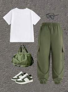 SHEIN 2pcs/Set Tween Boy Casual Minimalist Pattern Short Sleeve Round Neck T-Shirt And Cargo Shorts, Suitable For Summer - White - View 2