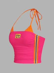 SHEIN ICON Y2k Summer Casual Color-Block Crop Top With Bikercore Letter Embroidery Contrast Binding Halter, Slim Fit,Rave Top - Hot Pink - View 6