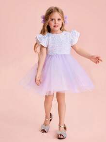 SHEIN Kleine Mädchen Schleifendekor Gewebtes Kontrastnetz Rüschensaum Enges Minikleid, Partykleid - Verschiedenfarbig - Übersicht 4