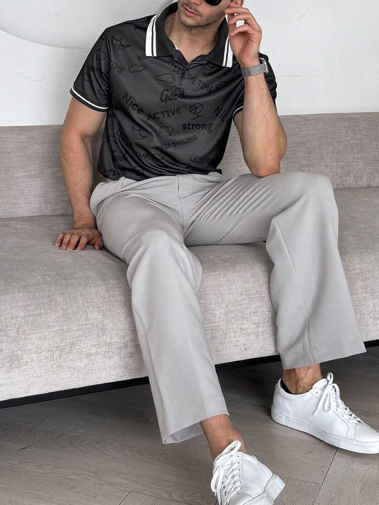 Summer Letter & Geometric Print Color Block Men's Polo Shirt