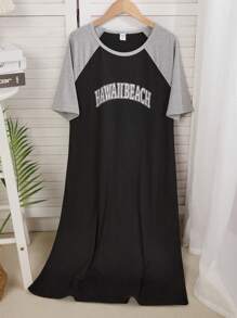 Youth Girls' Simple Black Background Grey Raglan Sleeve Front English Letter Graphic Print Crew Neck Short Sleeve Pajama Set - Black - View 3