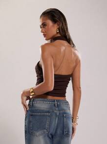 SHEIN BAE Women's Plain Color Ruched Cropped Cutout Halter Tank Top - Coffee Brown - View 2