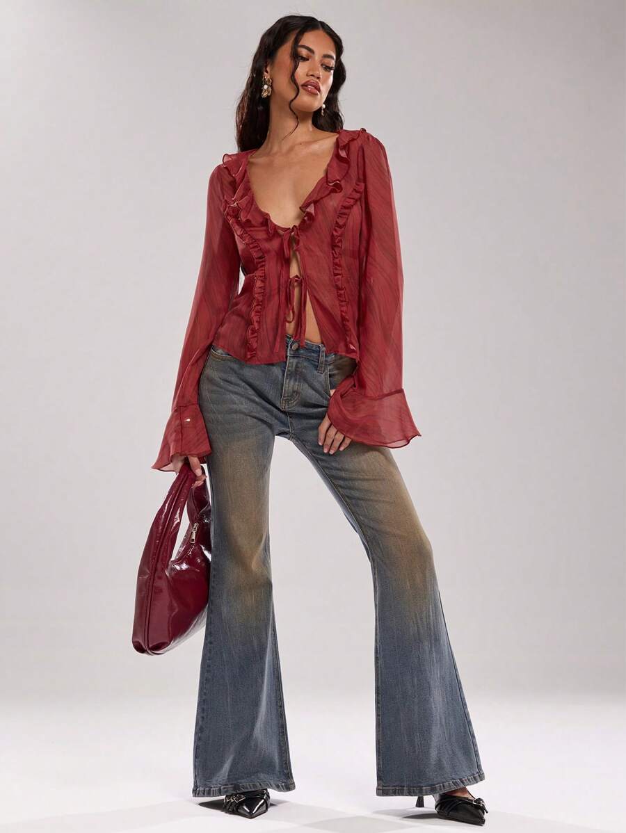 SHEIN BAE Blusa elegante de manga larga con cuello de volante y corbata de unicolor para mujer - Rojo - Ver 1