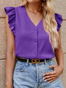 SHEIN Clasi 女式纯色单排扣 V 领休闲荷叶袖衬衫 - 紫羅蘭色 - 查看 3