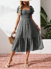 Breezaya Quadratischer Ausschnitt Sommerkleid mit Blumenmuster, lässiger Kurzarm Maxikleid für Strand Urlaub Outfits Frauen